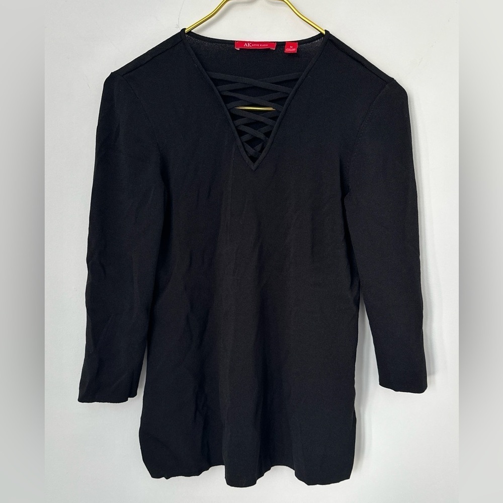 Anne Klein Black Lace Up Rib Knit 3/4 Sleeve Lightweight Sweater Top Medium
